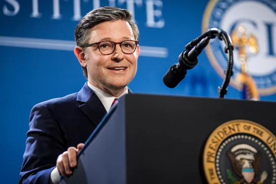 Speaker Mike Johnson speaking at Trump National Doral; A map of the Strait of Hormuz; The SAVE America Act document