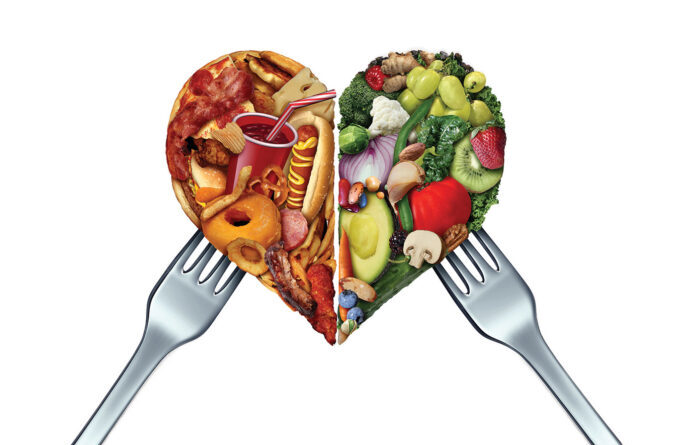 A healthy meal alongside a stethoscope ;Harvard study; MediaXTrand; A woman jogging in a park; A chart showing the reduction in heart disease risk.