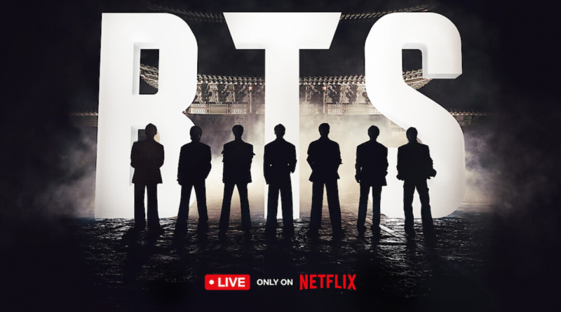 The BTS members recording in a Los Angeles studio ; BTS Return ;MediaXTrand,; Official Netflix logo with BTS Return title; Fans holding purple lightsticks.