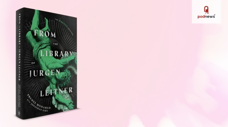 The cover of the Magnus Archives novel 'From the Library of Jurgen Leitner'; Authors Jonathan Sims and Premee Mohamed; The Rusty Quill logo.