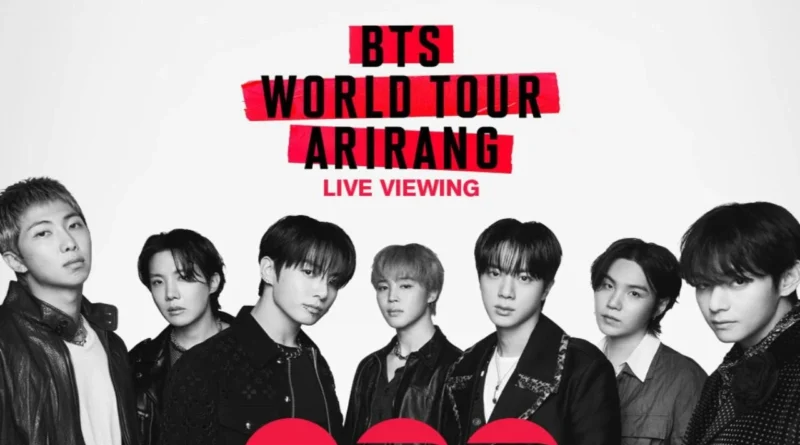 BTS members RM, Jin, SUGA, j-hope, Jimin, V, and Jungkook in the Arirang tour trailer; MediaXTrand; Arirang World Tour ;Official BTS Live Viewing website interface.