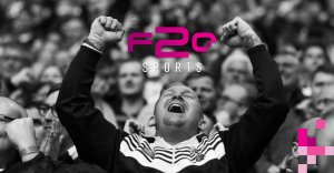 The f2o Fan Hub digital dashboard on a smartphone; f2o Sports: MediaXTrand: SC Vila Real club crest; Hugo Letra and Wolfgang Muller at the signing ceremony.