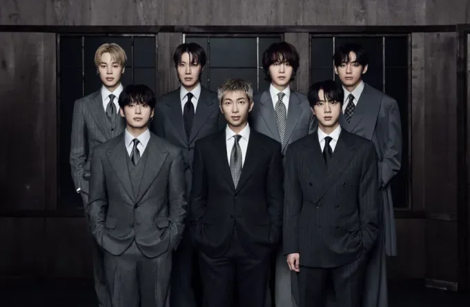 The Billboard Hot 100 logo with BTS's "Swim" at the top; Swim’ Debuts ;MediaXTrand; A digital display of the Global 200 Top 10; BTS members celebrating their comeback.