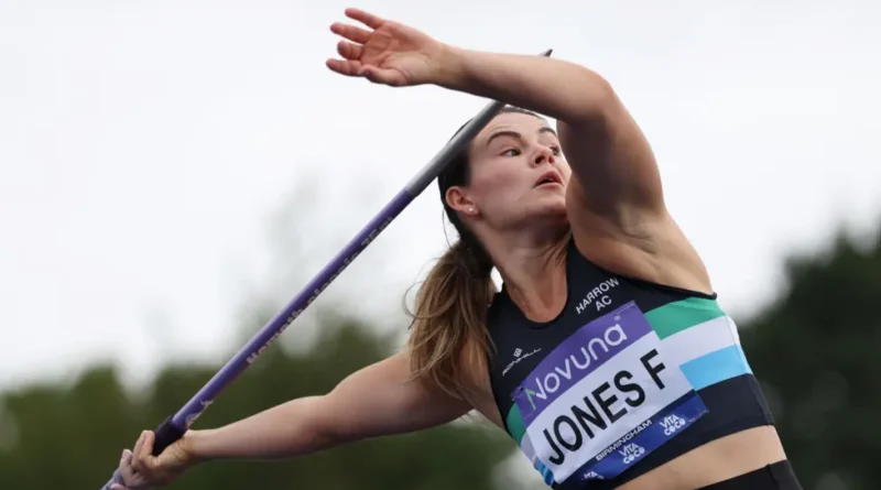 Freya Jones mid-throw at the UK Championships; MediaXTrand; Freya Jones; The crushed remains of a competition javelin; Scotstoun Stadium in Glasgow.